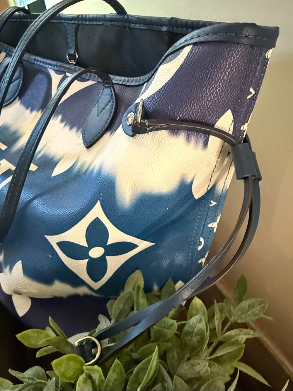 Blue White Tote Bag with Logo Pattern